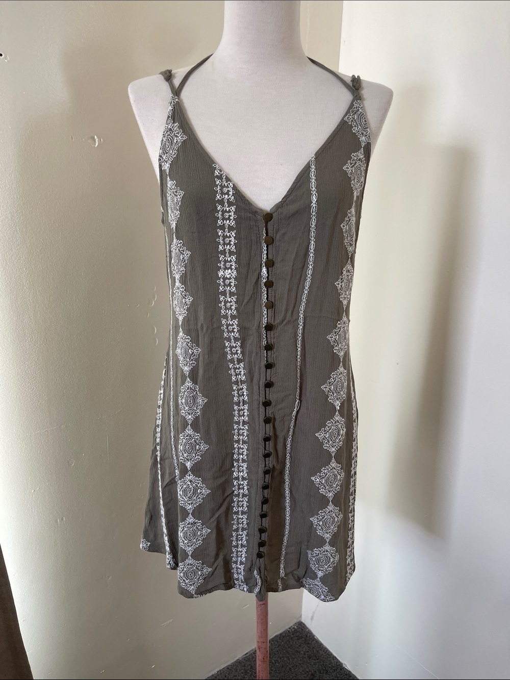 En Creme Olive Green Embroidered Button-Front Cami mini dress